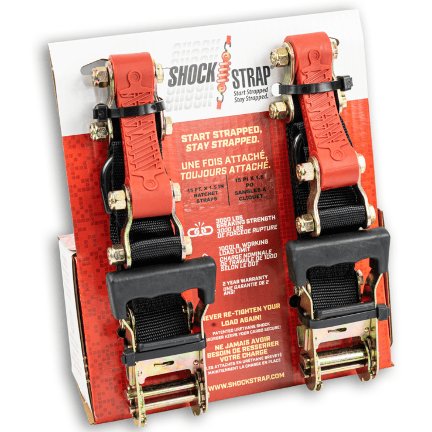 1.5" wide ShockStrap Ratchet Strap 2 Pack, 1k WLL - Wholesale - The Perfect Bungee and ShockStrap Tie Downs