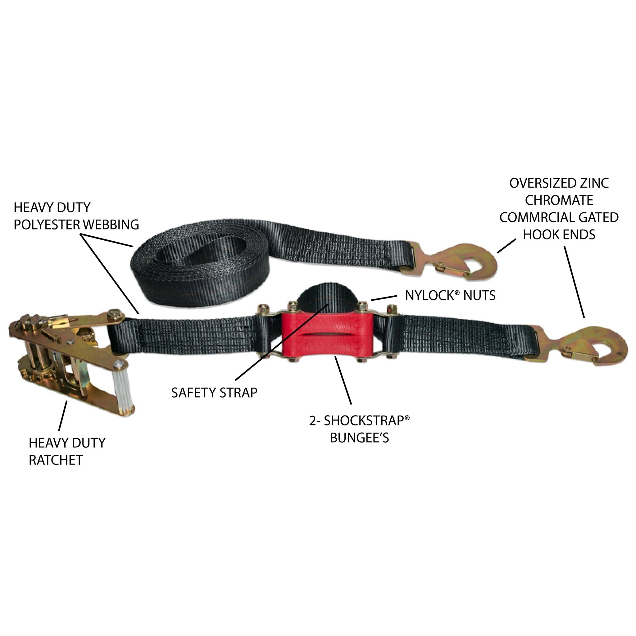 18ft x 2in ShockStrap Ratchet Strap w Snap Hooks, 3,333k WLL, Commercial Grade - The Perfect Bungee & ShockStrap Tie Downs