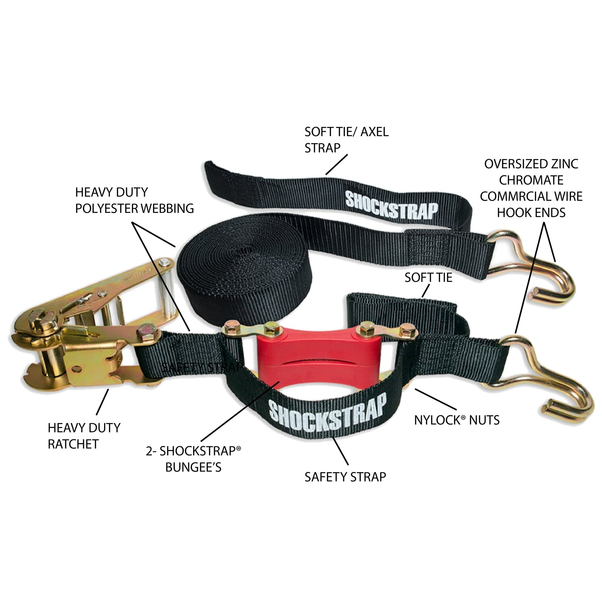 18ft x 2in ShockStrap Ratchet Strap w Wire Hooks, 3,333k WLL, Commercial Grade - Wholesale - The Perfect Bungee & ShockStrap Tie Downs