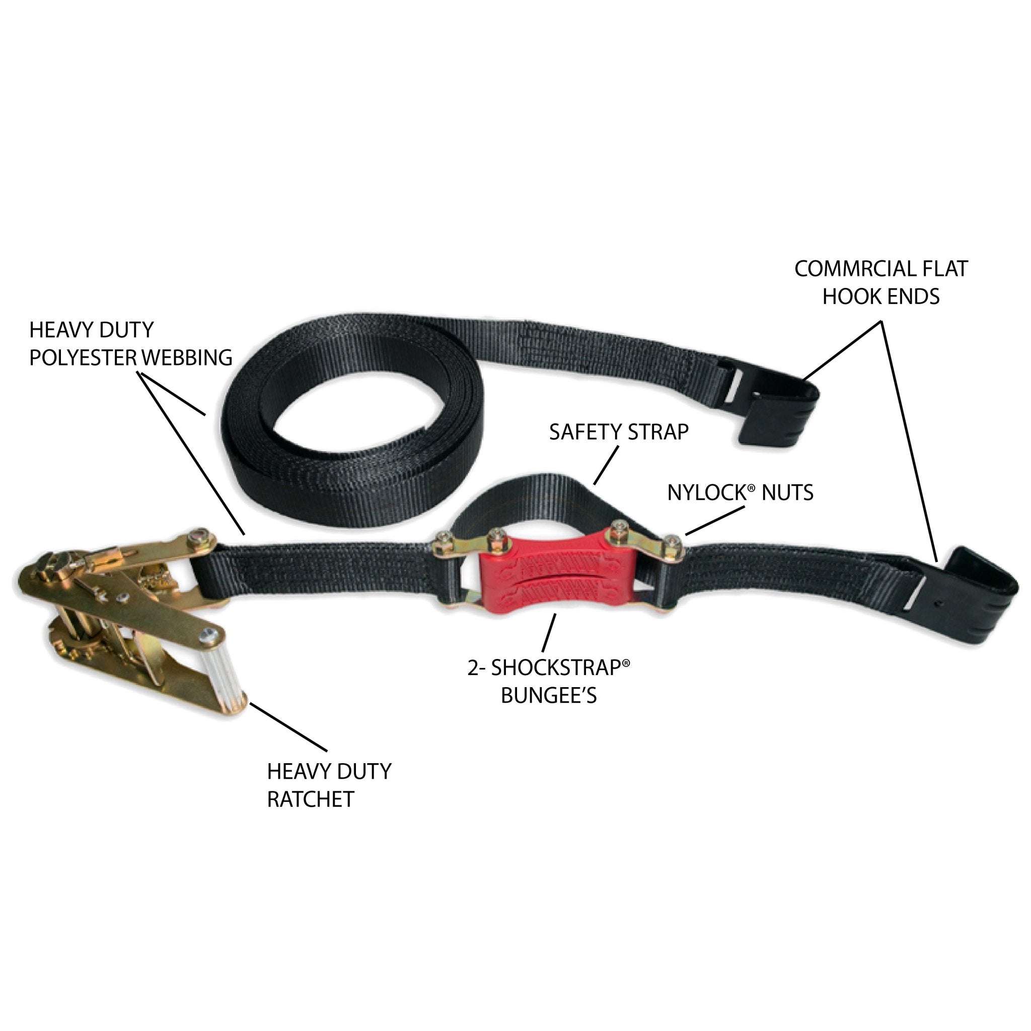 27ft x 2in ShockStrap Ratchet Strap w Flat Hooks, 3,333k WLL, Commercial Grade - The Perfect Bungee & ShockStrap Tie Downs